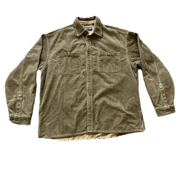 Prefab Corduroy Shirt Jacket with Plaid Flannel Lining Tan Shacket - Picture 1 of 9